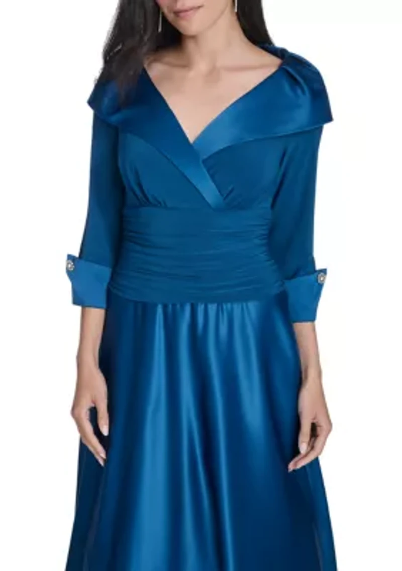 Women's 3/4 Sleeve V-Neck Satin A-Line Dress