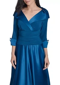 Women's 3/4 Sleeve V-Neck Satin A-Line Dress