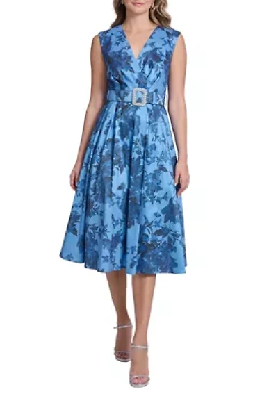 Women's Sleeveless V-Neck Floral Printed Dress with Embroidered Belt