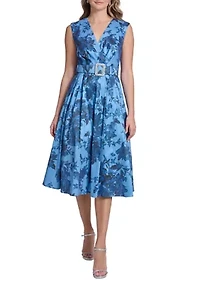 Women's Sleeveless V-Neck Floral Printed Dress with Embroidered Belt