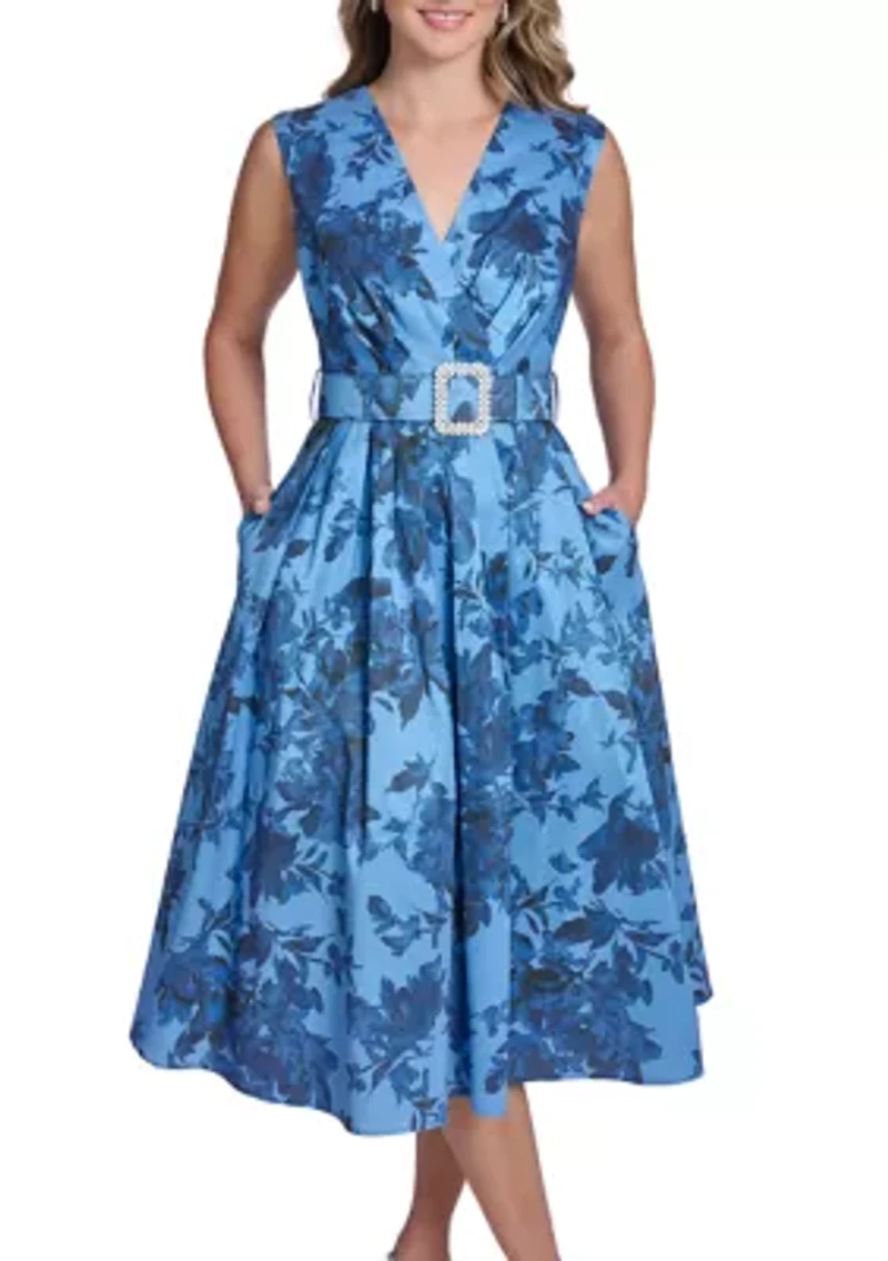 Women's Sleeveless V-Neck Floral Printed Dress with Embroidered Belt
