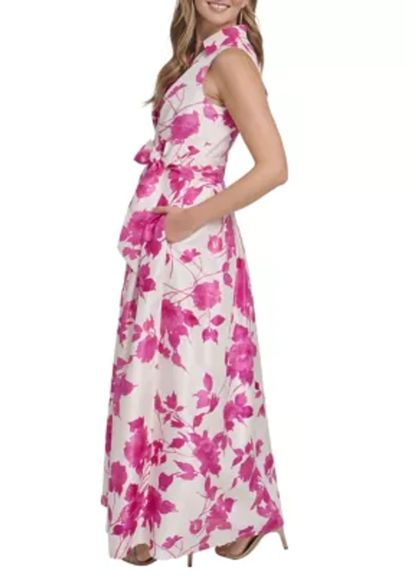 Women's Sleeveless Floral Printed Tie Waist Gown