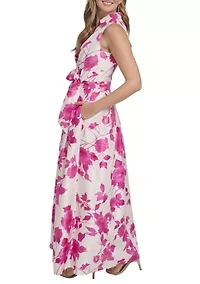 Women's Sleeveless Floral Printed Tie Waist Gown