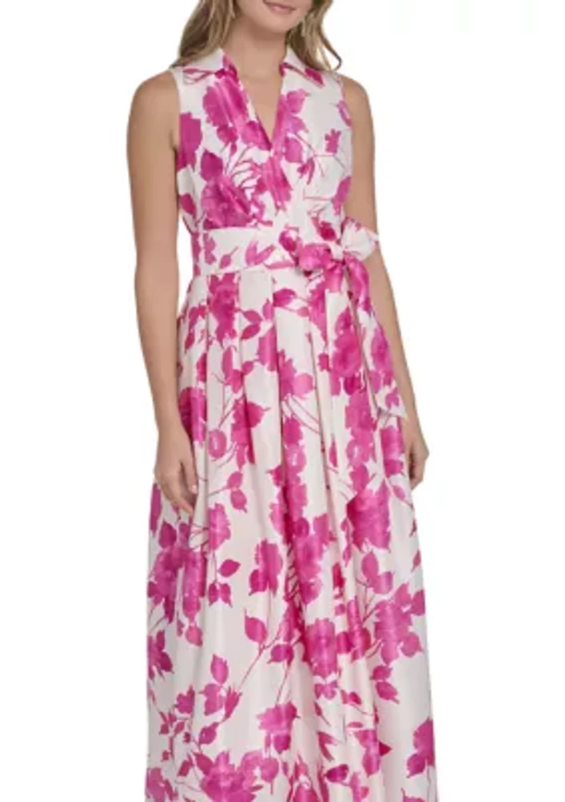 Women's Sleeveless Floral Printed Tie Waist Gown
