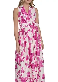 Women's Sleeveless Floral Printed Tie Waist Gown