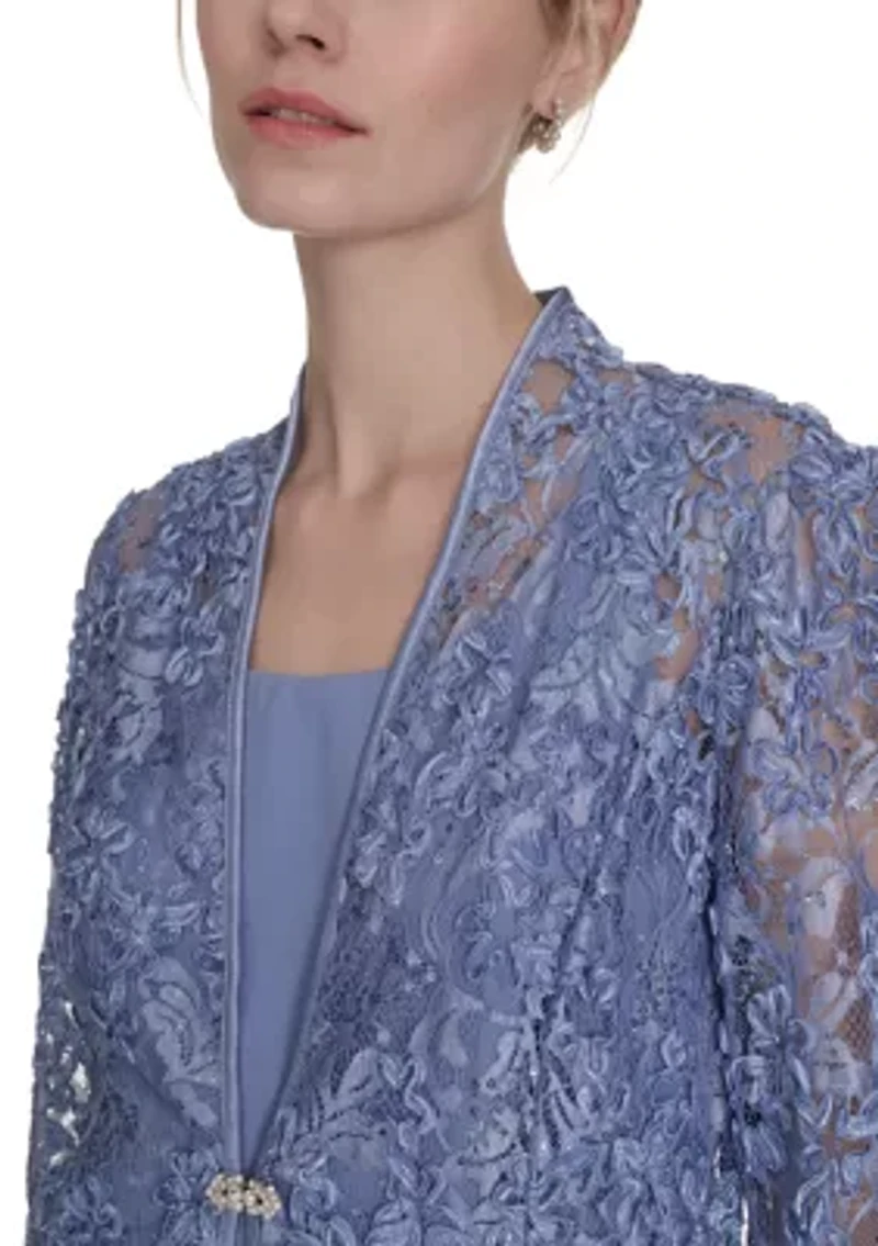 Women's Floral Embroidered Jacket and Dress Set
