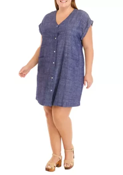 Plus Cap Sleeve Chambray Button Front Shirt