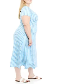 Plus Short Sleeve Crew Neck Printed Knit Midi Dress