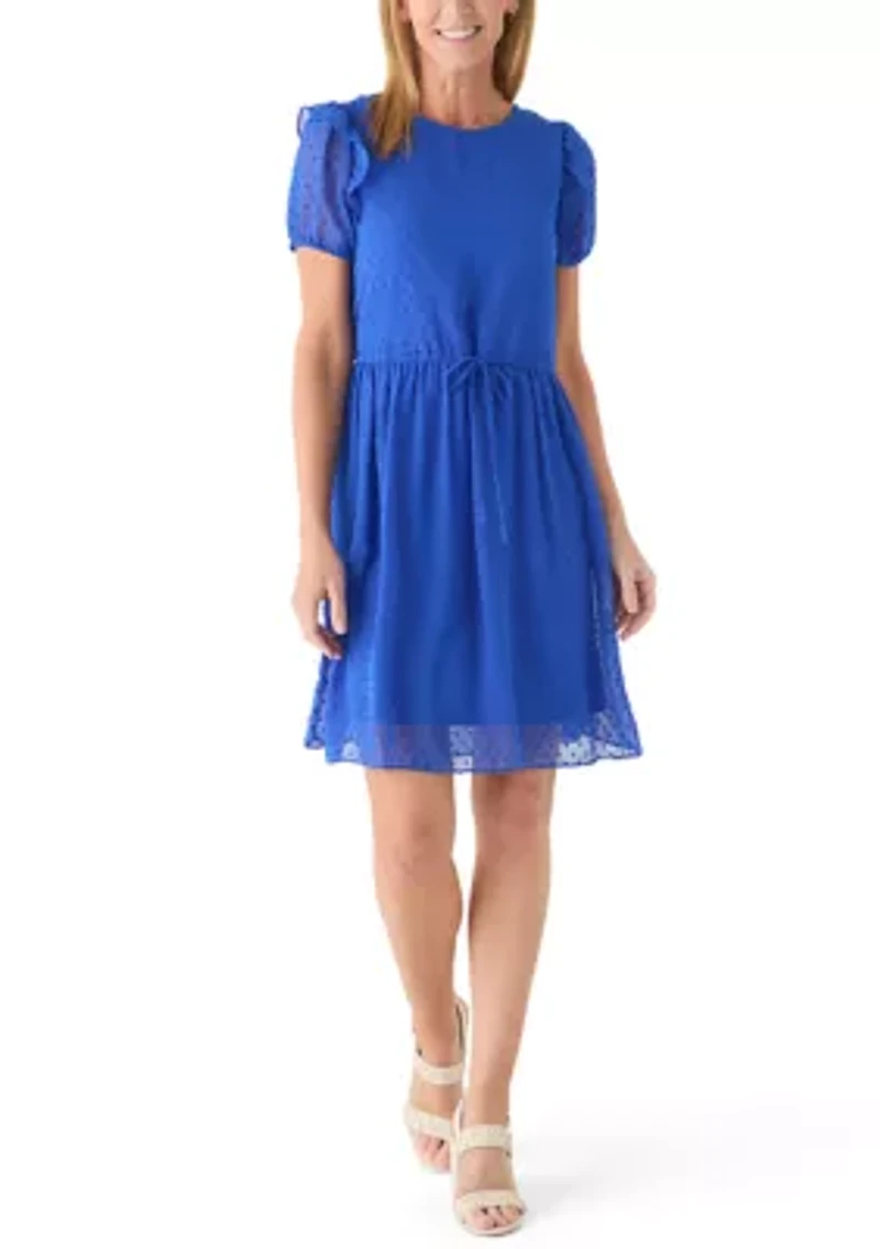Women's Short Sleeve Clip Dot Ruched Waist Dress