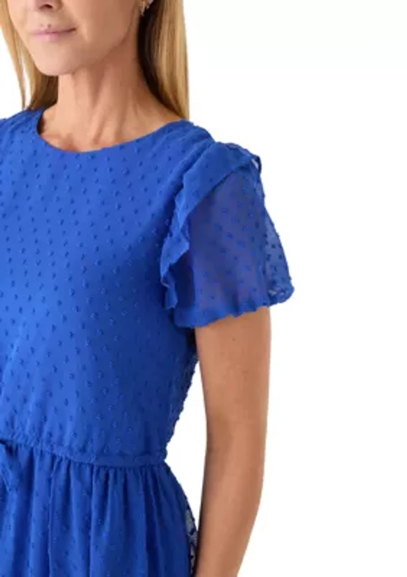 Women's Short Sleeve Clip Dot Ruched Waist Dress