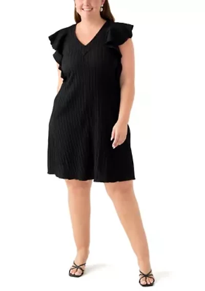 Plus Flutter Sleeve V-Neck Gauze A-Line Dress