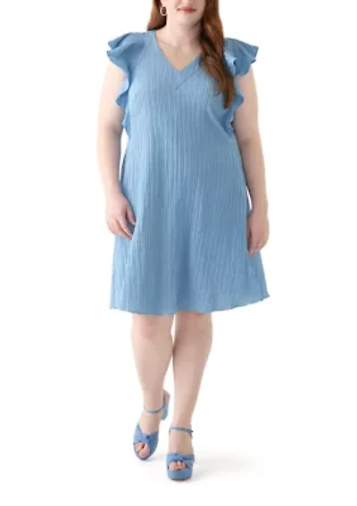 Plus Flutter Sleeve V-Neck Gauze A-Line Dress