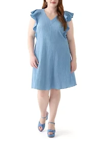 Plus Flutter Sleeve V-Neck Gauze A-Line Dress
