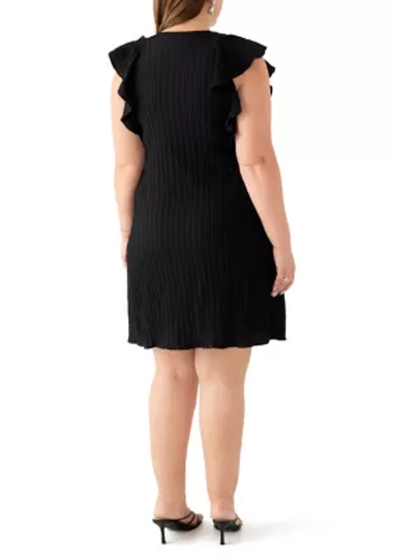 Plus Flutter Sleeve V-Neck Gauze A-Line Dress