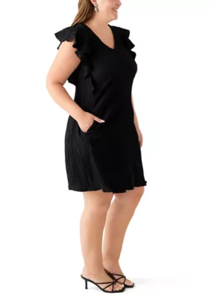 Plus Flutter Sleeve V-Neck Gauze A-Line Dress