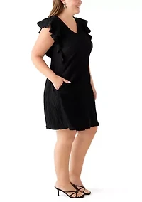 Plus Flutter Sleeve V-Neck Gauze A-Line Dress