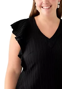 Plus Flutter Sleeve V-Neck Gauze A-Line Dress