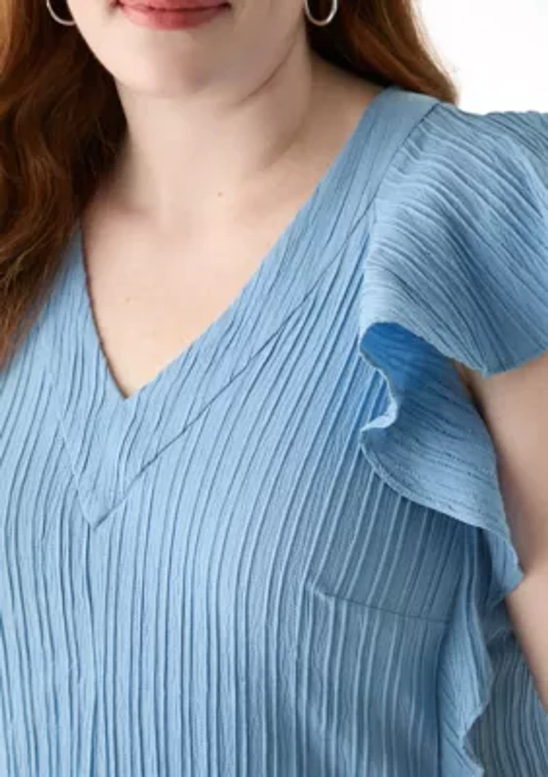 Plus Flutter Sleeve V-Neck Gauze A-Line Dress