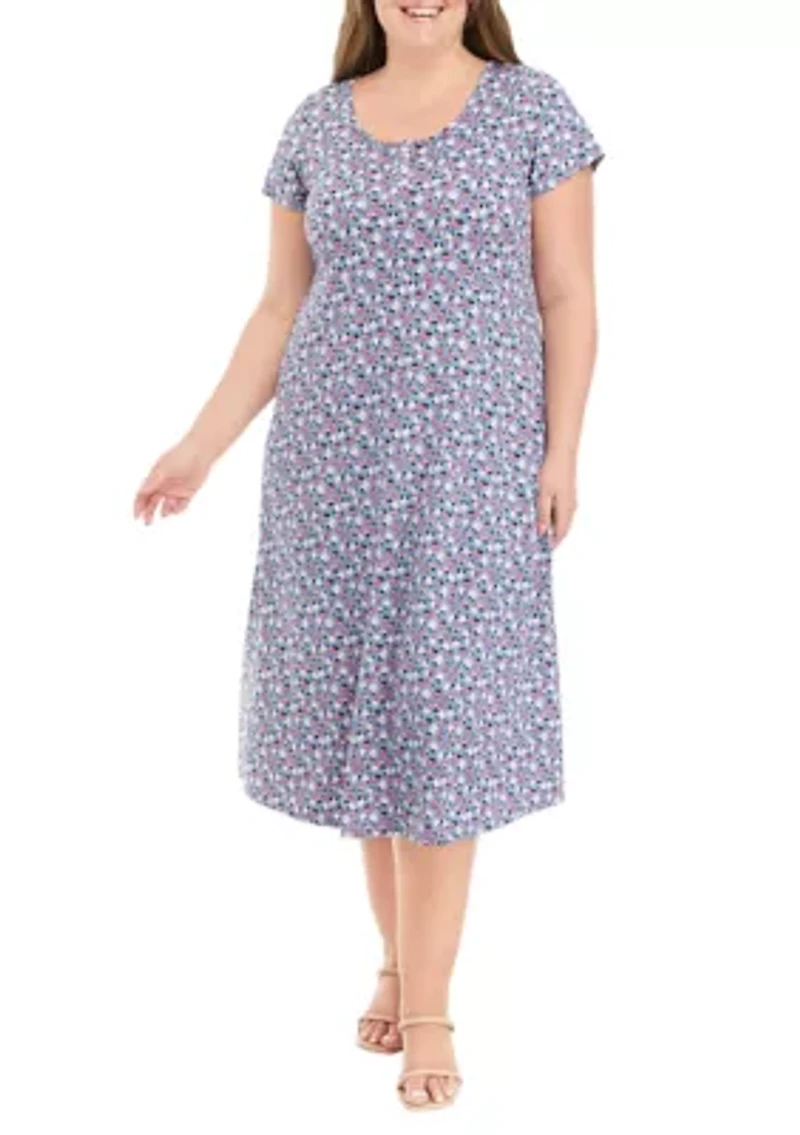 Plus Short Sleeve Scoop Neck Ditsy Floral Midi Dress