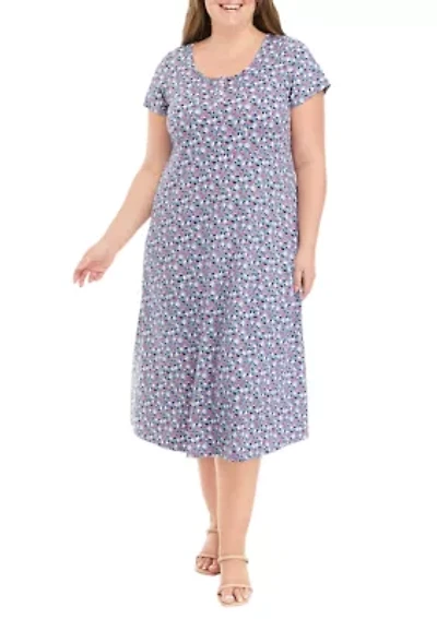 Plus Short Sleeve Scoop Neck Ditsy Floral Midi Dress