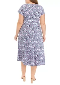 Plus Short Sleeve Scoop Neck Ditsy Floral Midi Dress