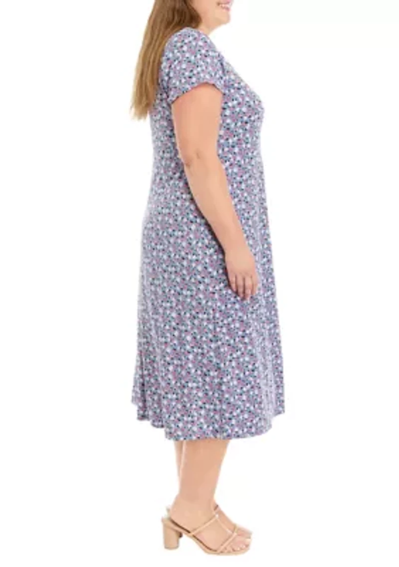 Plus Short Sleeve Scoop Neck Ditsy Floral Midi Dress