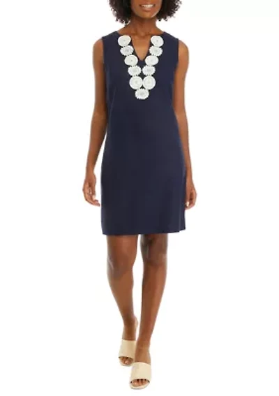 Women's Sleeveless Embroidered V-Neck Solid Linen Sheath Dress