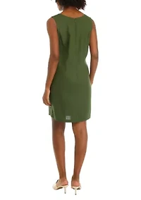 Women's Sleeveless Embroidered V-Neck Solid Linen Sheath Dress