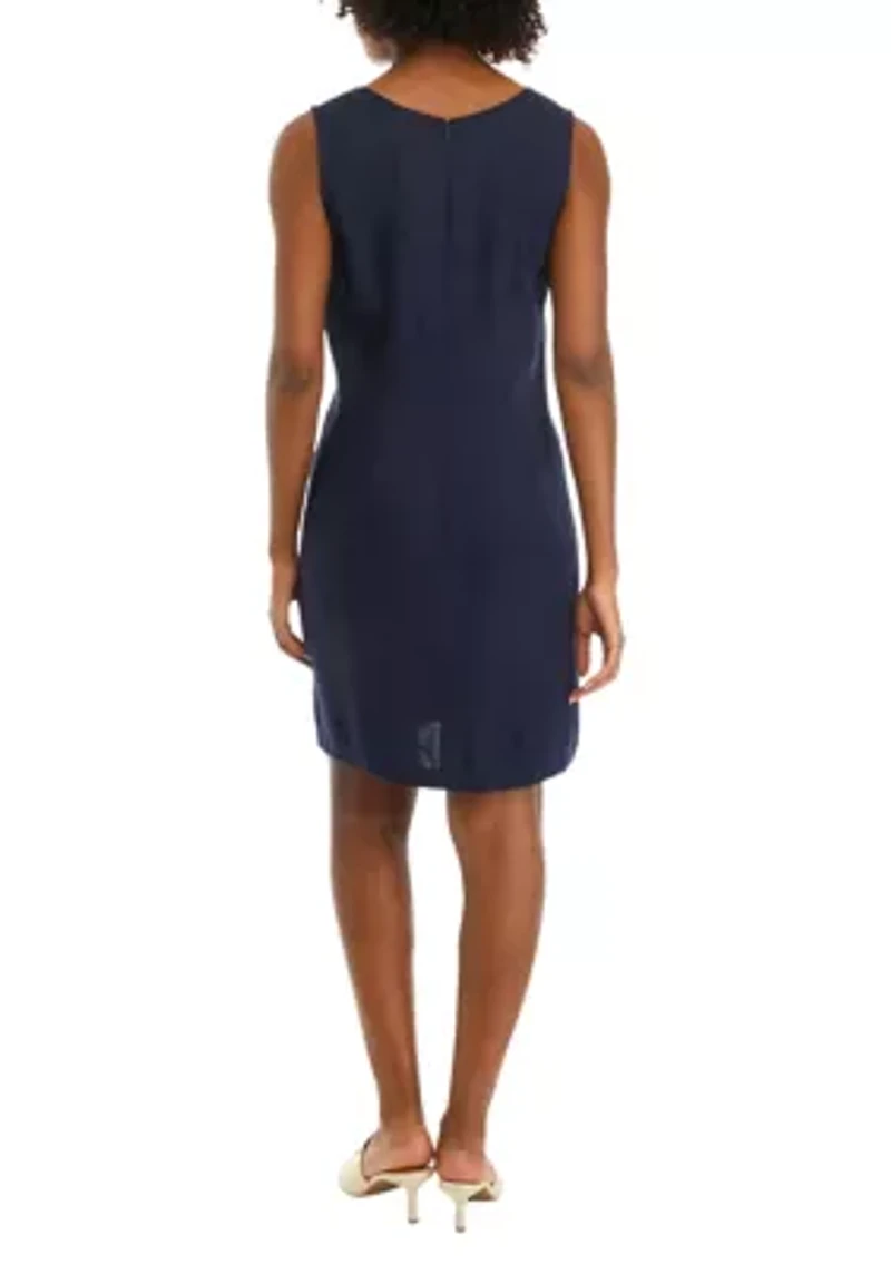 Women's Sleeveless Embroidered V-Neck Solid Linen Sheath Dress