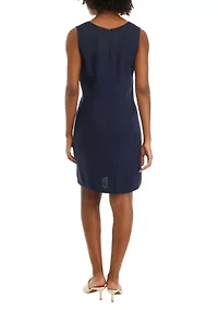 Women's Sleeveless Embroidered V-Neck Solid Linen Sheath Dress