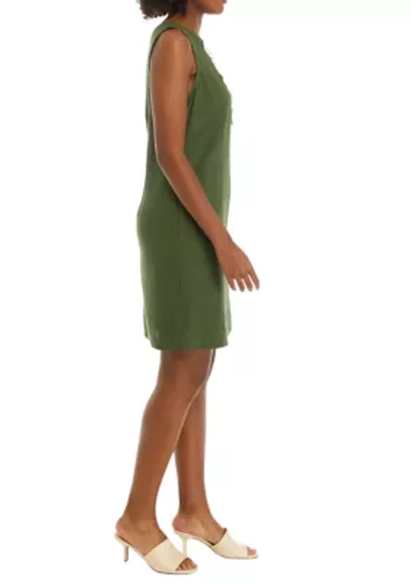 Women's Sleeveless Embroidered V-Neck Solid Linen Sheath Dress