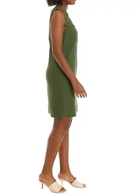 Women's Sleeveless Embroidered V-Neck Solid Linen Sheath Dress