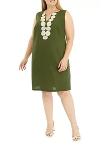 Plus Sleeveless Embroidered V-Neck Solid Linen Sheath Dress