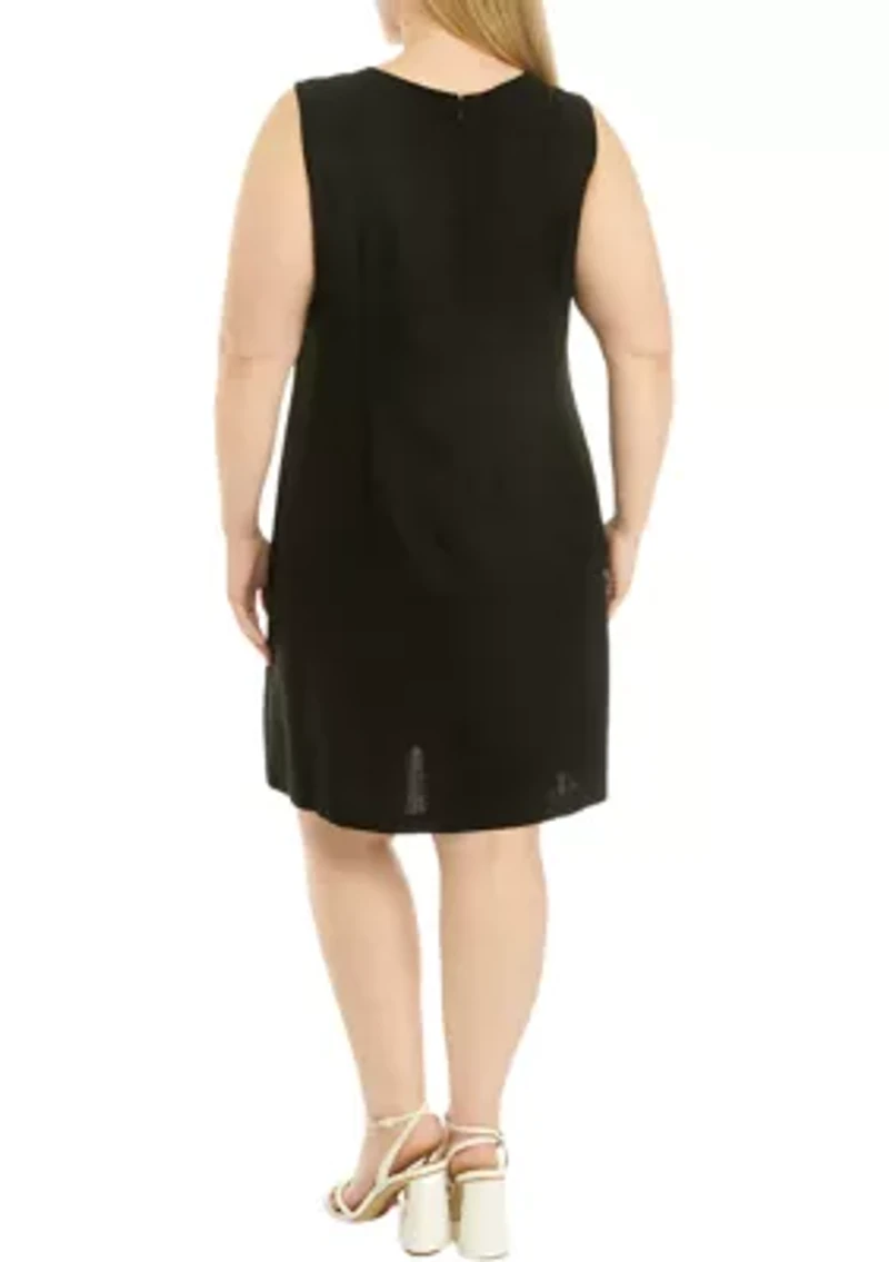Plus Sleeveless Embroidered V-Neck Solid Linen Sheath Dress