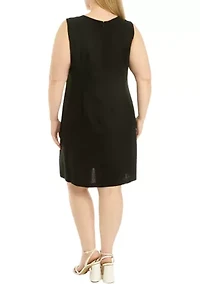 Plus Sleeveless Embroidered V-Neck Solid Linen Sheath Dress