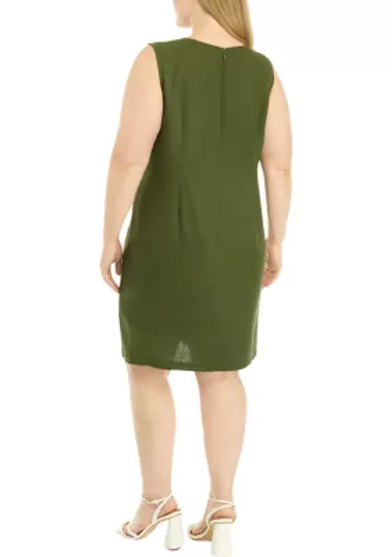 Plus Sleeveless Embroidered V-Neck Solid Linen Sheath Dress