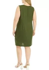 Plus Sleeveless Embroidered V-Neck Solid Linen Sheath Dress