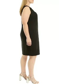 Plus Sleeveless Embroidered V-Neck Solid Linen Sheath Dress