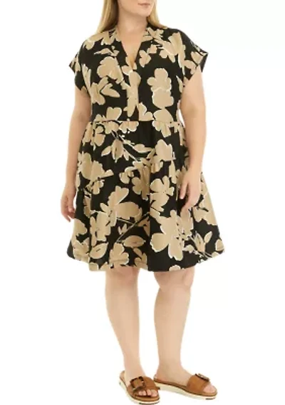 Plus Short Sleeve V-Neck Floral Print Linen Dress
