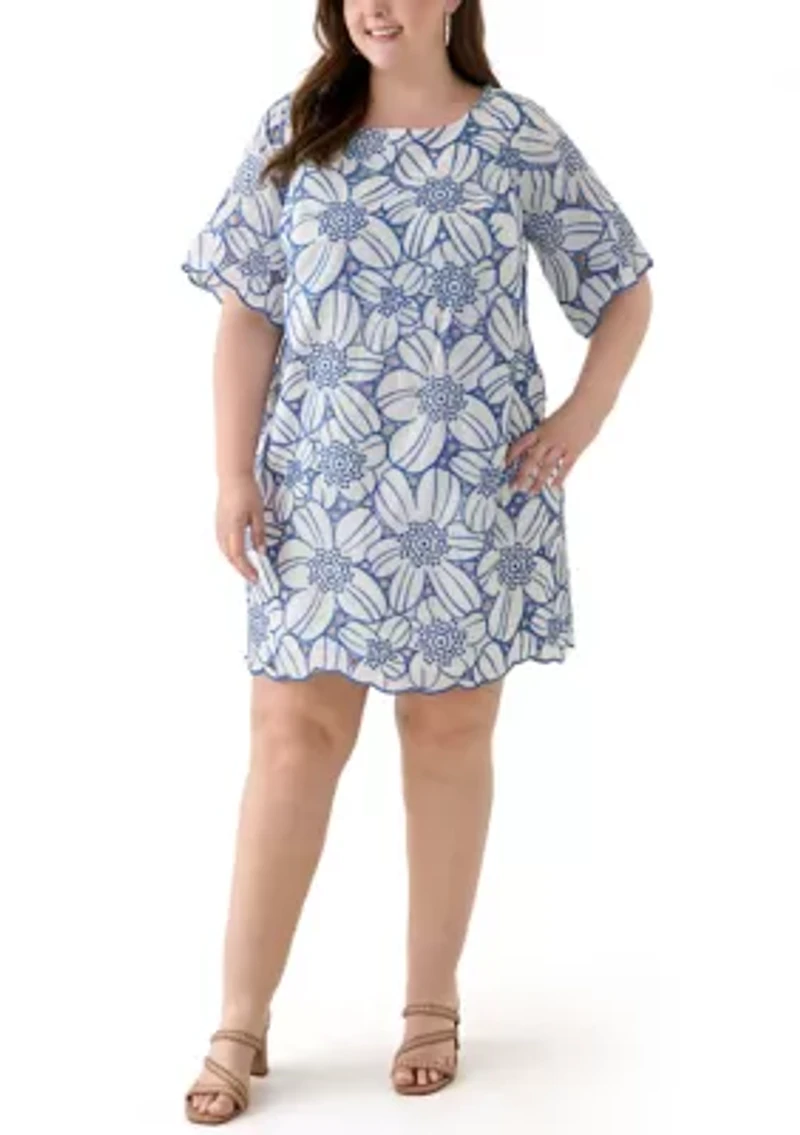 Plus Short Sleeve Crew Neck Floral Print Dress