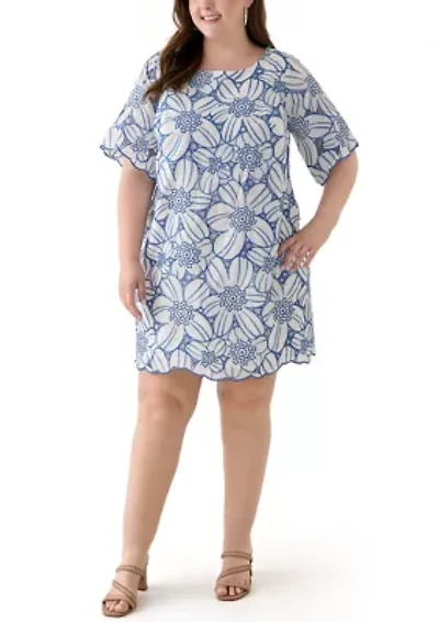 Plus Short Sleeve Crew Neck Floral Print Dress