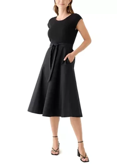 Women's Cap Sleeve Crew Neck Solid Belted A-Line Dress