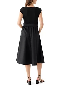Women's Cap Sleeve Crew Neck Solid Belted A-Line Dress