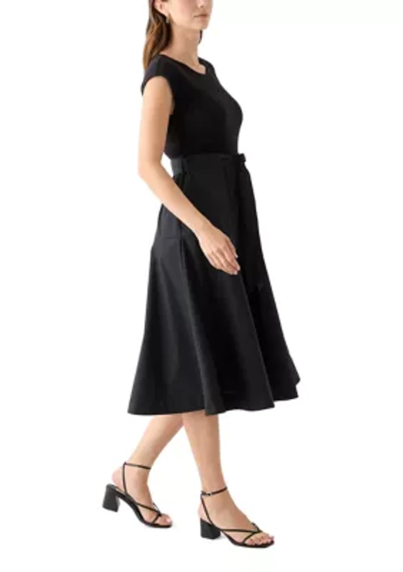 Women's Cap Sleeve Crew Neck Solid Belted A-Line Dress