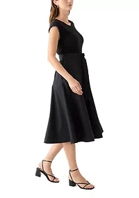 Women's Cap Sleeve Crew Neck Solid Belted A-Line Dress