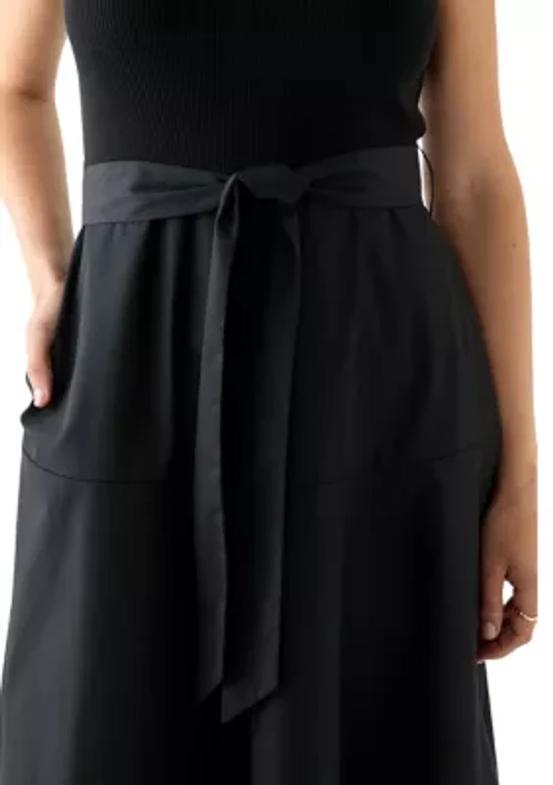 Women's Cap Sleeve Crew Neck Solid Belted A-Line Dress