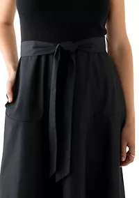 Women's Cap Sleeve Crew Neck Solid Belted A-Line Dress