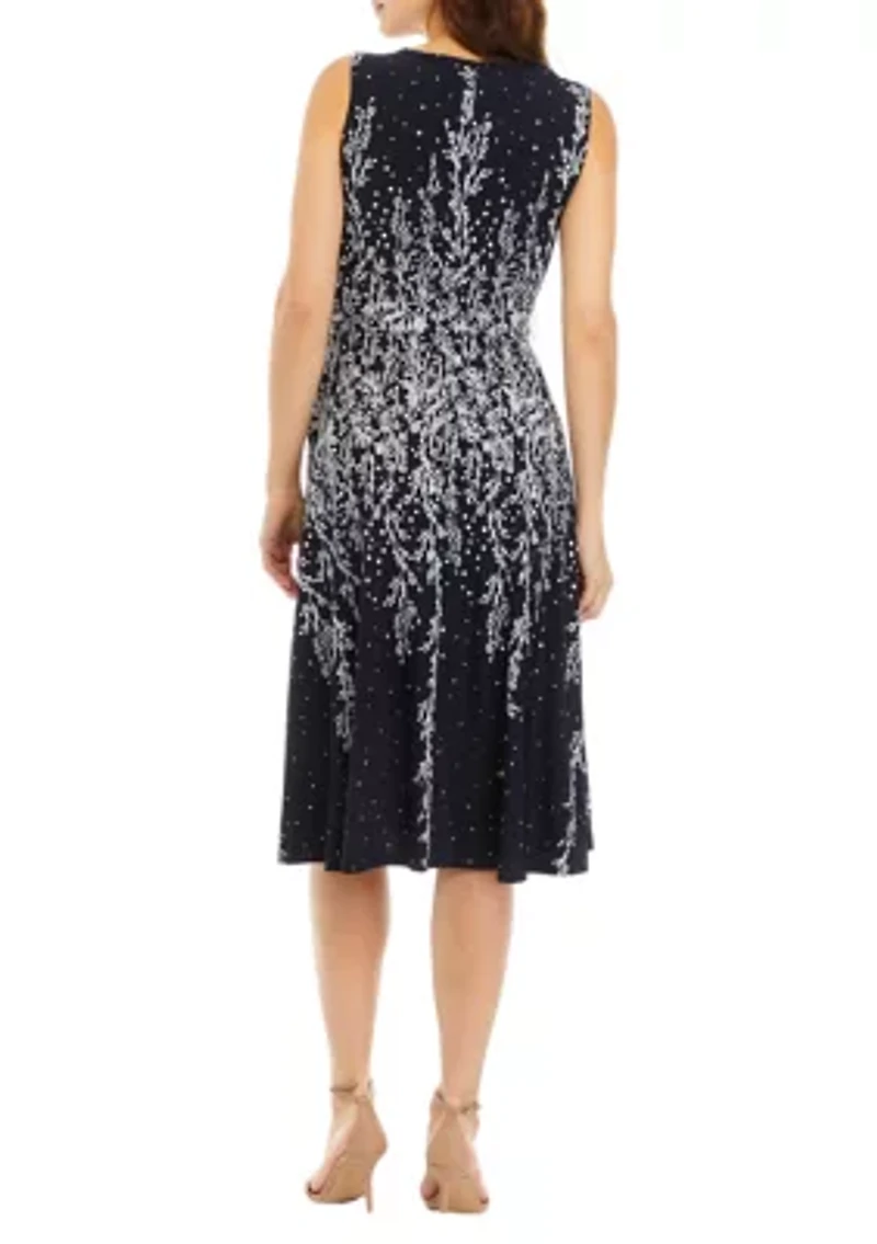 Women's Sleeveless Pleat Neck Ombré Floral Midi Dress