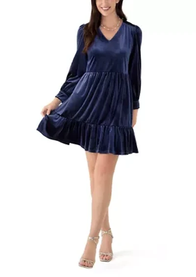 Women's Long Sleeve V-Neck Solid Fit and Flare Dress
