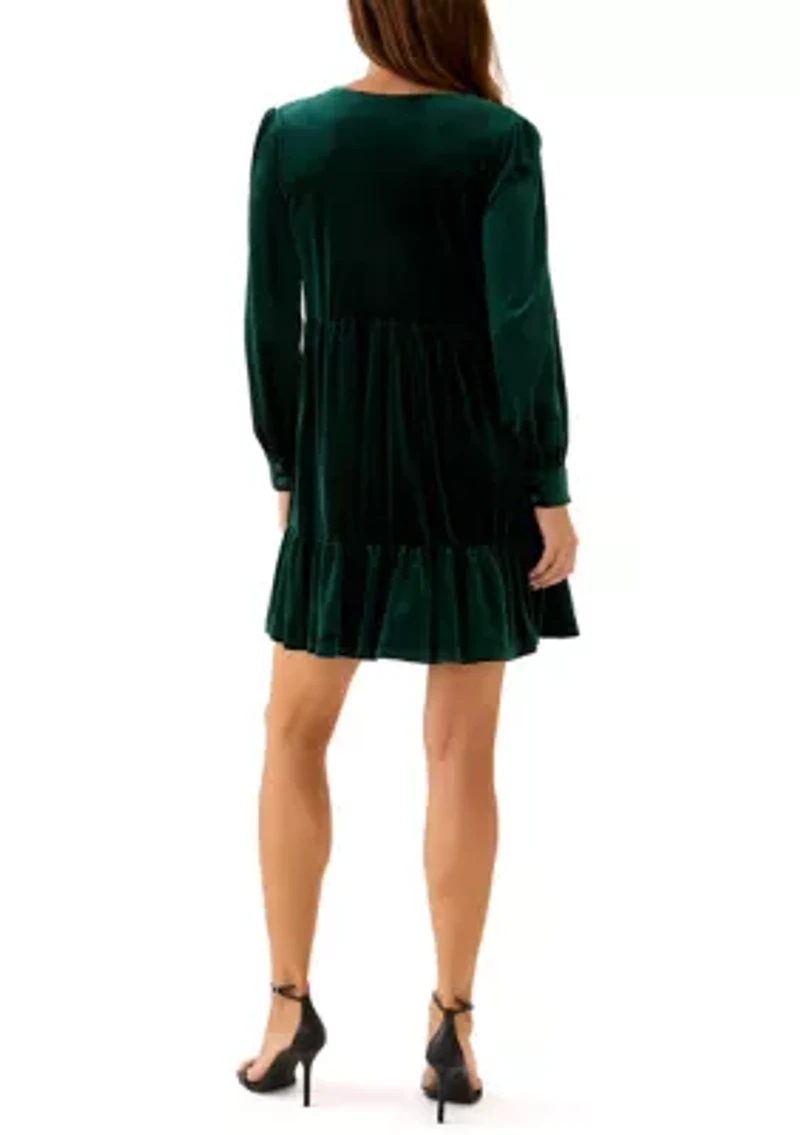 Women's Long Sleeve V-Neck Solid Fit and Flare Dress